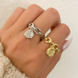 925 Sterling Silver Curb Chain Ring Chunky Dangle Charm Ring Dainty Boho Ring